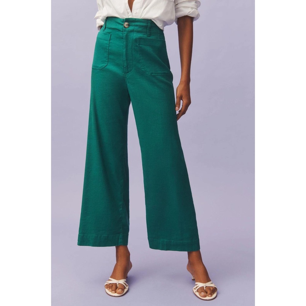 Anthropologie Maeve The Colette Cropped Linen Blend Wide-Leg Pants Green 20W